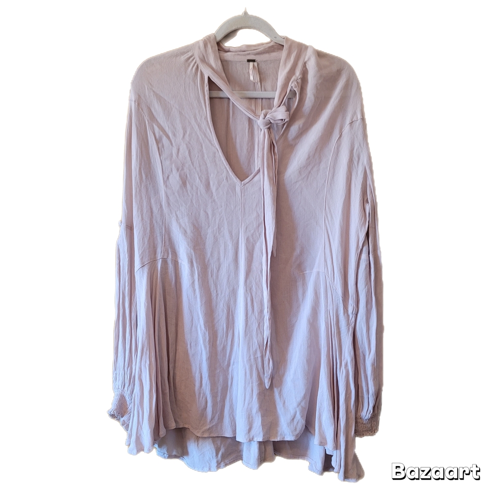 Free People Top Beige Long Sleeve Neck Tie V-Neck OB542237
